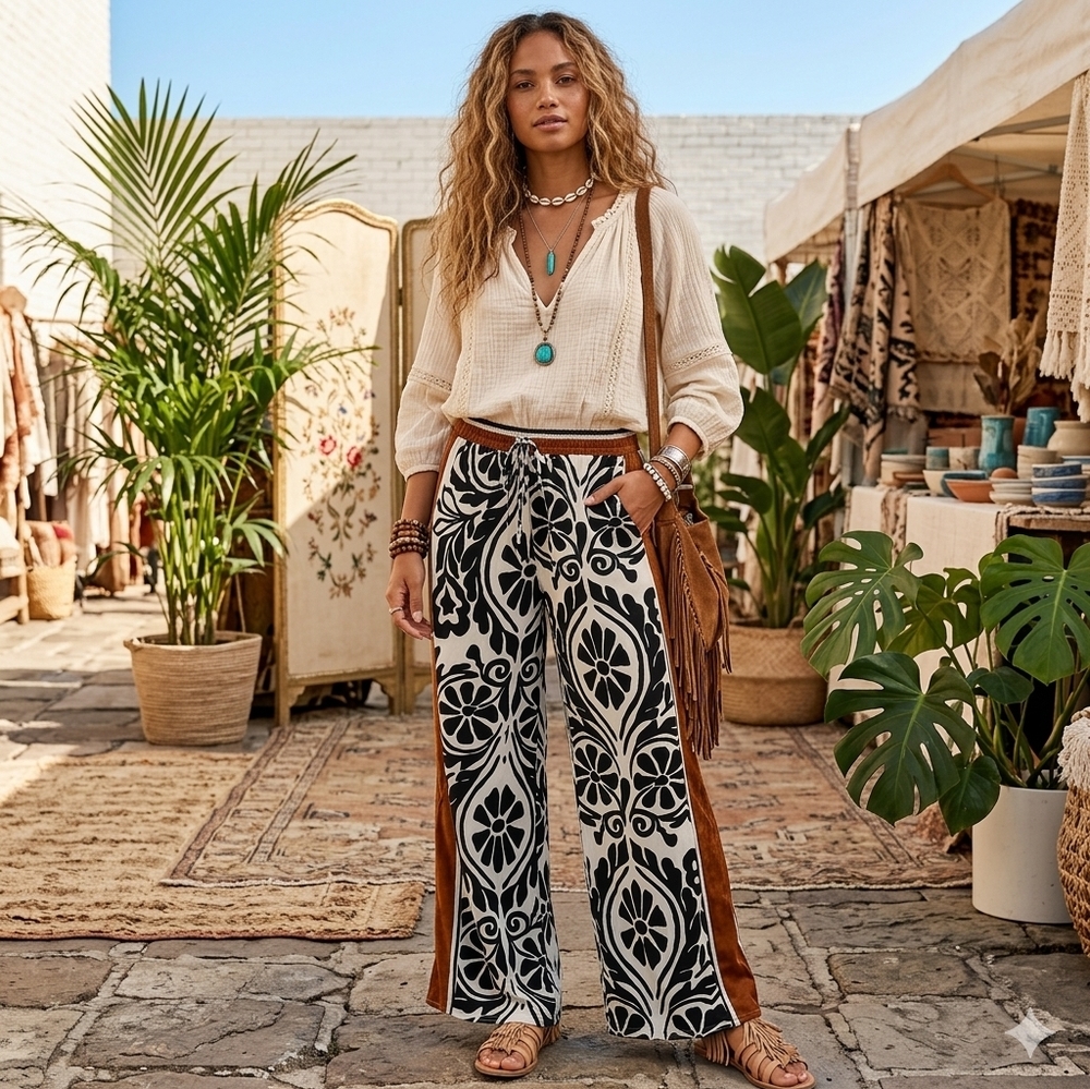 Gigio Boho Print High-Waisted Wide Leg Palazzo Pants – NWT